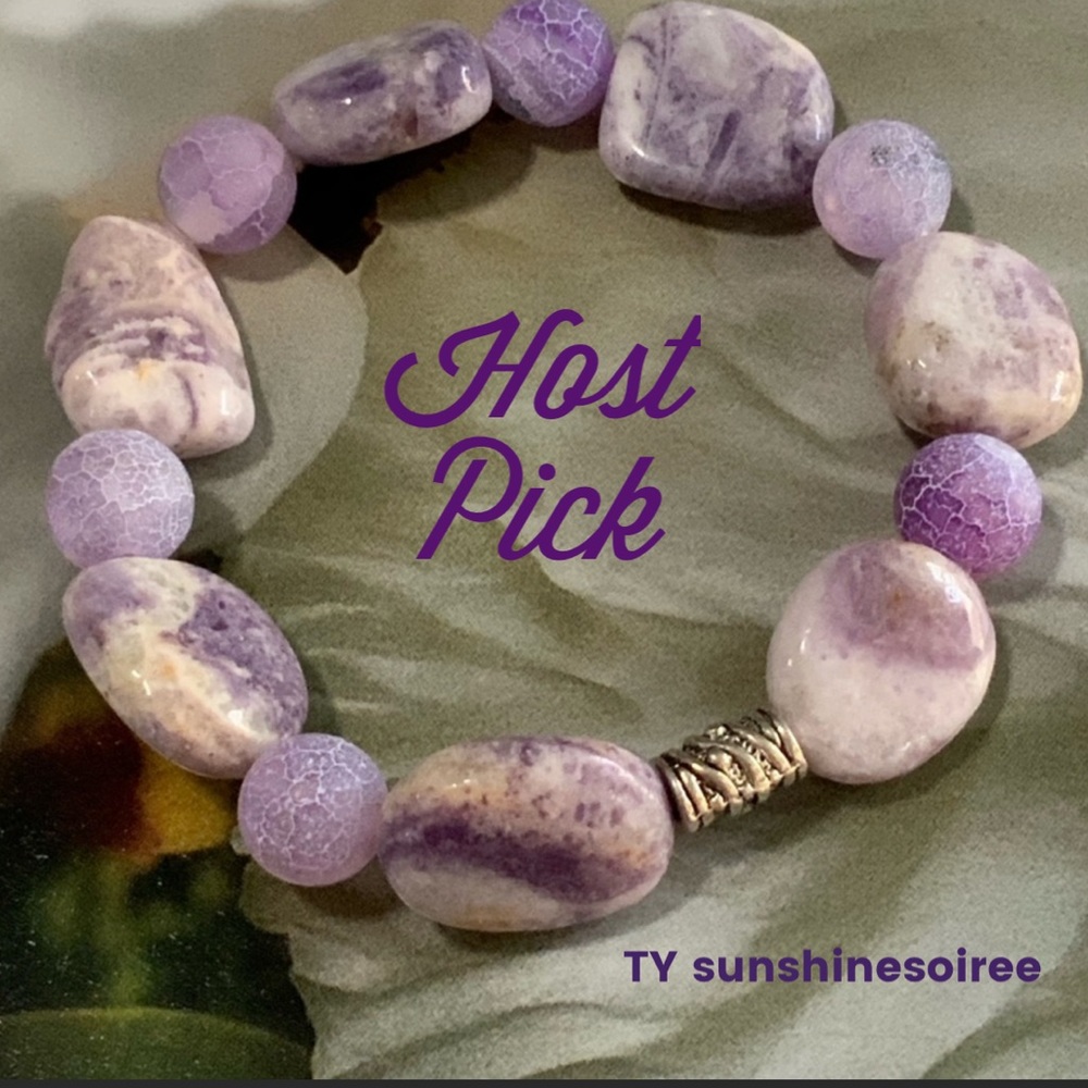 Handcrafted Amethyst & Heat Cracked Agate Gemstone Stretch Bracelet - Picture 10 of 14